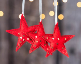 Set of 4 Star Red Fabric Stars Decorated with Sequins | Christmas Tree ornaments