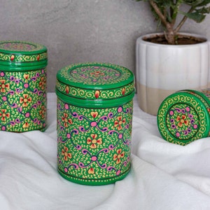 Steel Tins Enamel-Coated Hand-painted Red, Green or Blue / Handmade decorative storage tins multi-coloured / Housewarming Gift/ Diwali Gift image 7