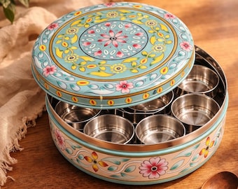 Nieuwe 7-inch handgeschilderde masala dabba – roestvrijstalen Indiase kruidendoos