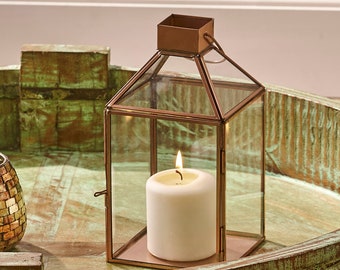 Copper finish Glass Candle Holder Table-Top Contemporary /  Candle Holder Copper Metal Frame / Tealight Lantern with Copper Finish