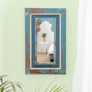 Wall Mirror Handmade from Upcycled Furniture Distressed Blue or Brown / Unique Rectangular Accent Mirror from Reclaimed Wood
