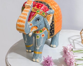 Hand-Painted Elephant Figurine / Boho Style Wooden Indian Elephant Statue / Hand-painted Colourful Wooden Elephant from Rajasthan