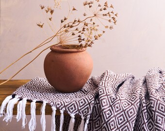 Soft Black & White Cotton Throw Blanket, Geometric Weave, Handmade With 100% Cotton