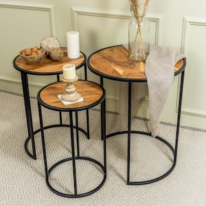 Round Acacia Wood Side Table with Metal Base - Nesting Table &#39;Kaskoo&#39; - 3 Sizes
