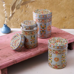 Steel tins with enamel coating / Hand decorated storage containers grey with flower pattern / Boho kitchen decor