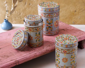 Steel tins with enamel coating / Hand decorated storage containers grey with flower pattern / Boho kitchen decor