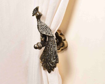 Peacock-Shaped Curtain Tie Back Holder with Flower-Shaped Backplate / Aluminium Cast Hook with Brass Finish / Metal Curtain Holdback