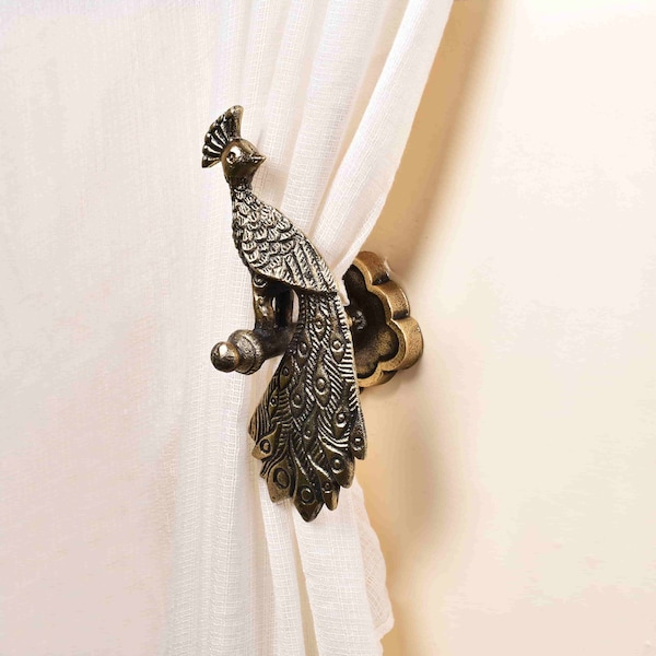 Peacock-Shaped Curtain Tie Back Holder with Flower-Shaped Backplate / Aluminium Cast Hook with Brass Finish / Metal Curtain Holdback