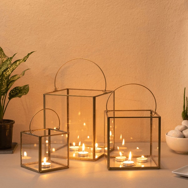 Lantern-Style Glass and Iron Candle Holders for Indoor and Outdoor | Recycled Metal with Golden Finish | Available in 3 sizes or as a set