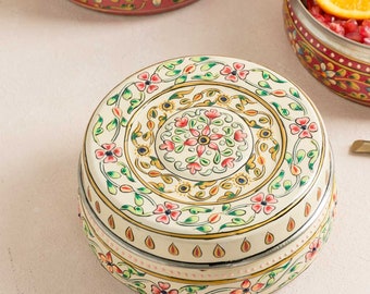 Steel Food Container with Lid Enamel Coated Hand Painted / Colourful Tiffin Food Box with Floral Pattern/ Diwali Gift / Roti Box