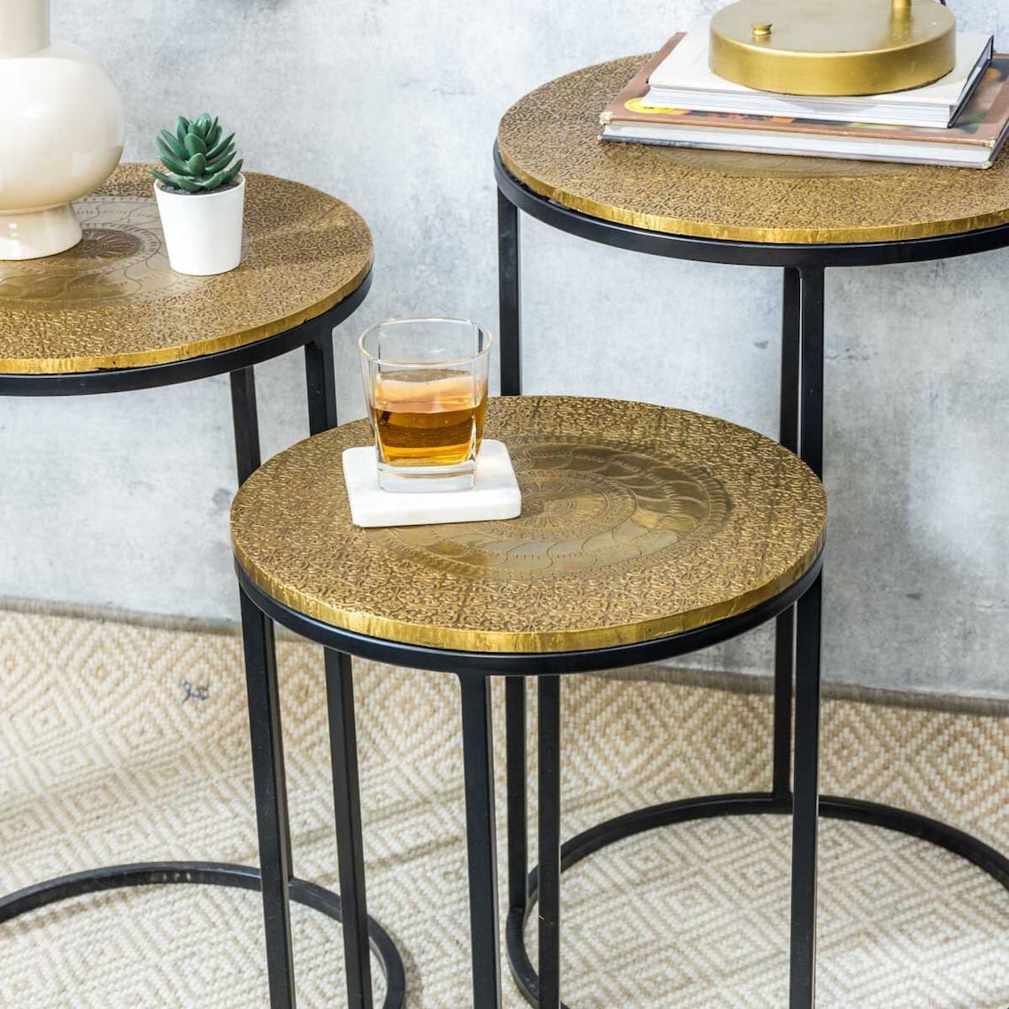 Vintage Style Side Table With Embossed Brass Top With Floral - Etsy