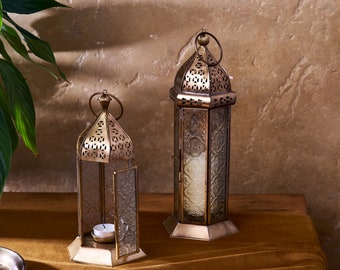 Lanterne à bougie indienne avec panneaux transparents / Lanterne en verre de style marocain / Lanterne en verre artisanale au décor bohème avec des accents dorés