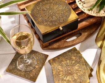 Brass embossed coaster set with Mandala Pattern in Decorative Wood and Brass Box / Decorative Tableware / Dinner set for 6/ Diwali Gift