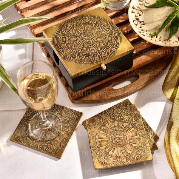 Brass embossed coaster set with Mandala Pattern in Decorative Wood and Brass Box / Decorative Tableware / Dinner set for 6/ Diwali Gift