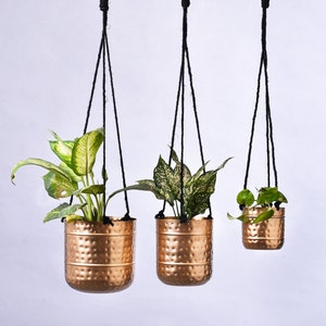 Hammered Hanging Planters with Golden Finish / Contemporary Indoor Hanging Plant Pots / Modern Planters / Available in 3 Sizes or Set of 3