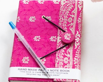 Notebook With Soft Cover From Recycled Saree Fabric / Mini, Medium, Large / Sari Fabric Pocket Diary Pink / Teacher Gift / Valentines Gift