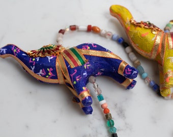 Set of 2 Hanging Elephant Figurines covered with Recycled Sari Fabric, Handcrafted Colourful Indian Elephant Door Hanging/ Diwali Gift