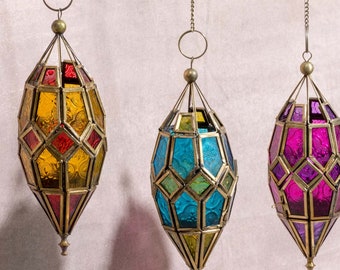 Colourful Moroccan Style Glass Lantern 'Chiraq' Pink Yellow Blue / Hanging Candle Holder Glass Panels in Metal Frame with Golden Finish