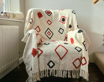 Soft cotton throw handwoven / Cotton throw in natural ivory tone with black and red embroidered geometric shapes