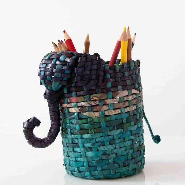 Recycled Paper Art Tumbler / Elephant-Shaped Colourful Pen Holder / Handmade Pencil Pot / Paintbrush Storage Desk Organiser