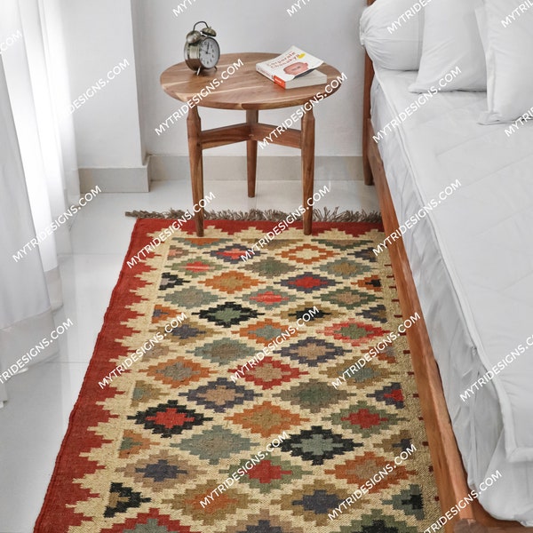 Rectangular Kilim Rug 'Noor' | Traditional Indian Pattern | Multi-colour Area Rug | Handwoven Rug from Jute and Wool