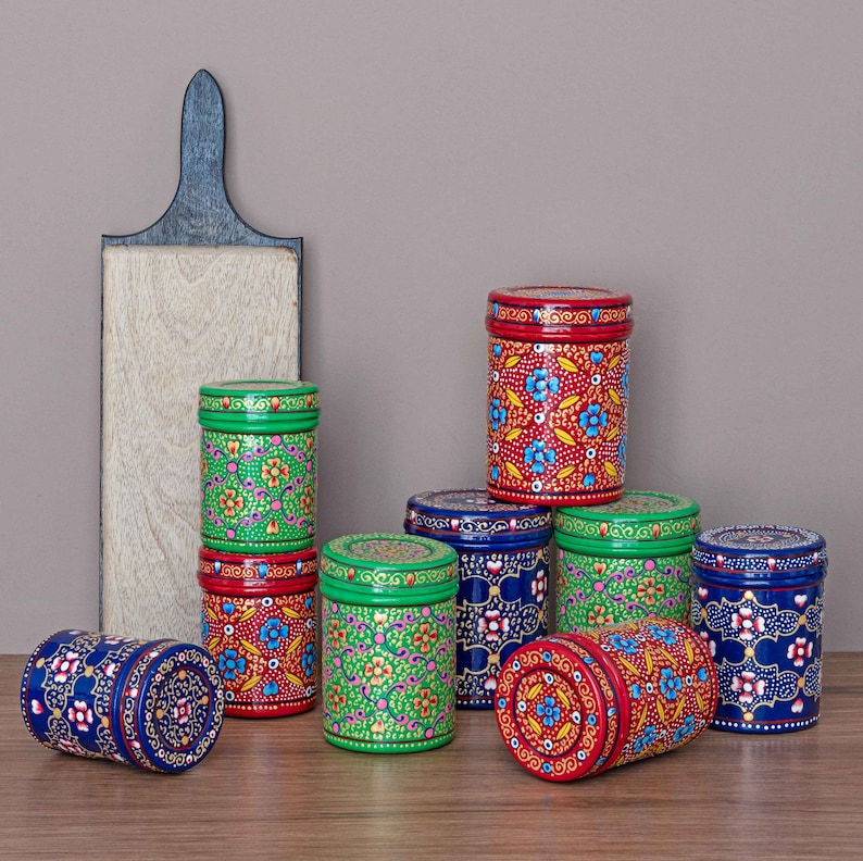 Steel Tins Enamel-Coated Hand-painted Red, Green or Blue / Handmade decorative storage tins multi-coloured / Housewarming Gift/ Diwali Gift image 4