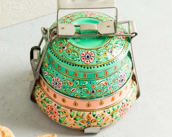 Two Tier Tiffin Box / Hand Painted Indian Style Tiffins / Decorative Portable Steel and Enamel Food Containers