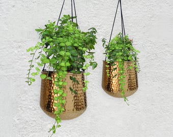 New Design Hammered Hanging Planters with Golden Finish / Contemporary Indoor Hanging Plant Pots / Modern Planters / Available in 2 Sizes