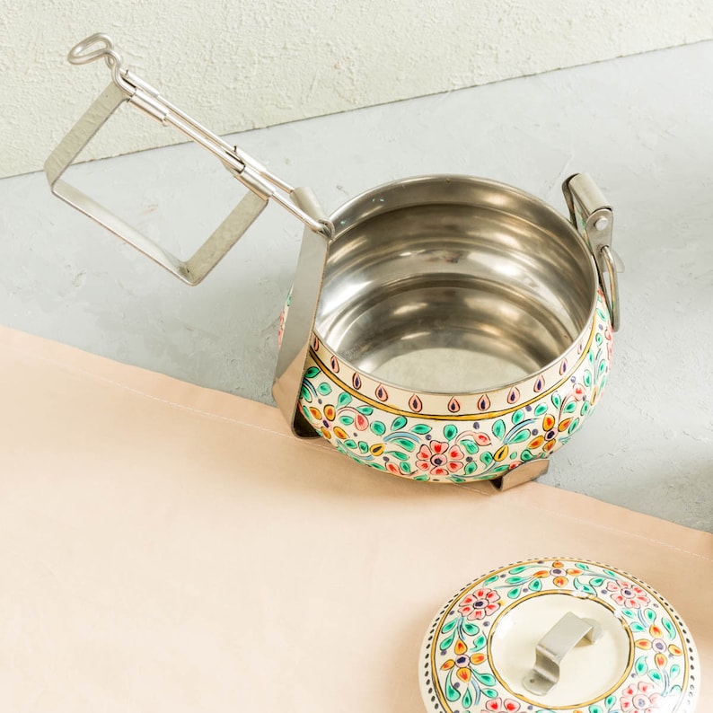 Two Tier Tiffin Box / Hand Painted Indian Style Tiffins / Decorative Portable Steel and Enamel Food Containers image 2