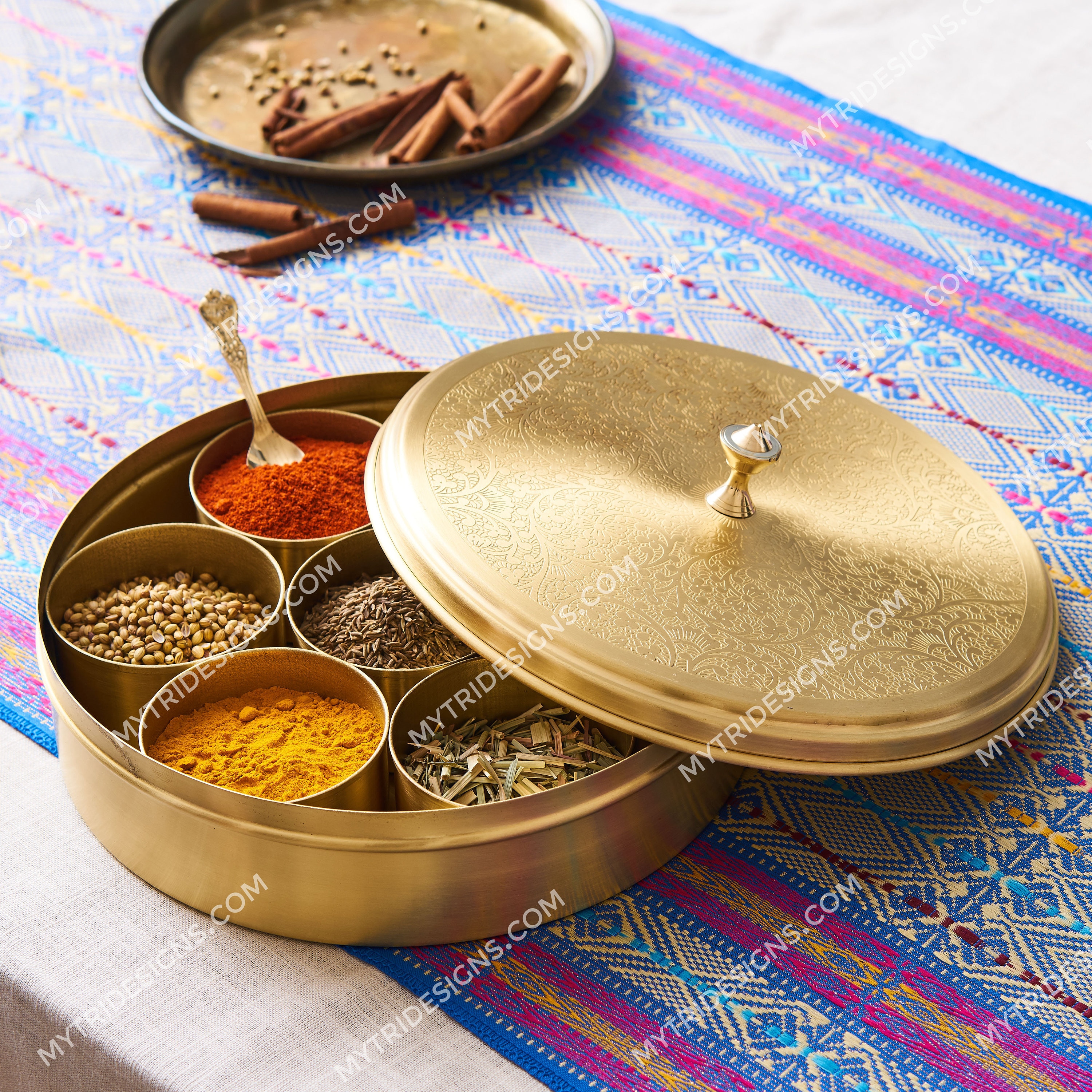 Indian Brass Spice Box / Masala Dabba Decorative Round Brass
