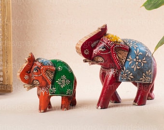 Elephant wooden figurines from reclaimed wood / Hand-painted Boho Elephant Statues Red / Available in 2 Sizes or Set /Diwali Gift