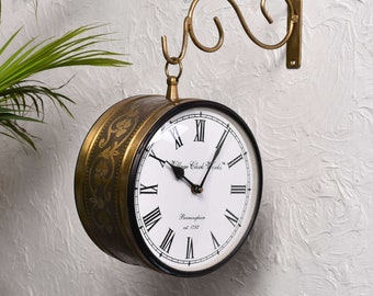 Vintage style hanging metal clock - made with Brass / Double-sided analogue railway clock / Antique brass or copper ornamental finish