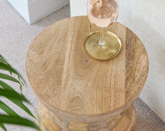 Natural Mango Wood Aam Side Table I Handcrafted Mango Wood Checkered Side Table I Sustainable Mango Wood Aam Accent Table I Mango Wood Table