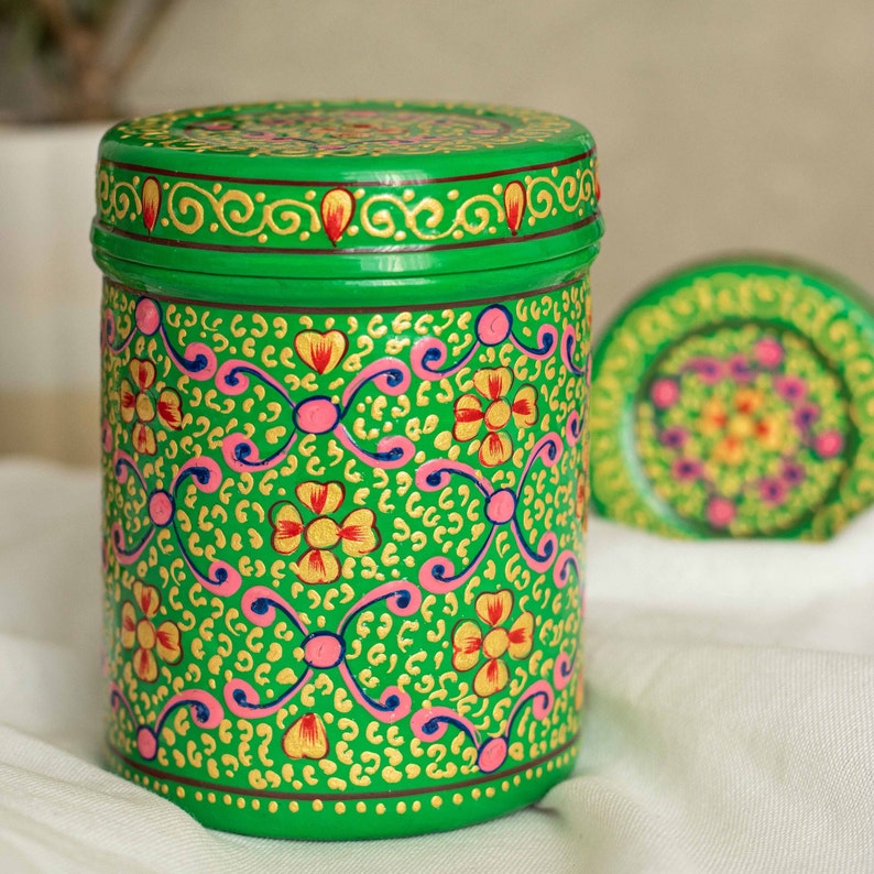 Steel Tins Enamel-Coated Hand-painted Red, Green or Blue / Handmade decorative storage tins multi-coloured / Housewarming Gift/ Diwali Gift image 5