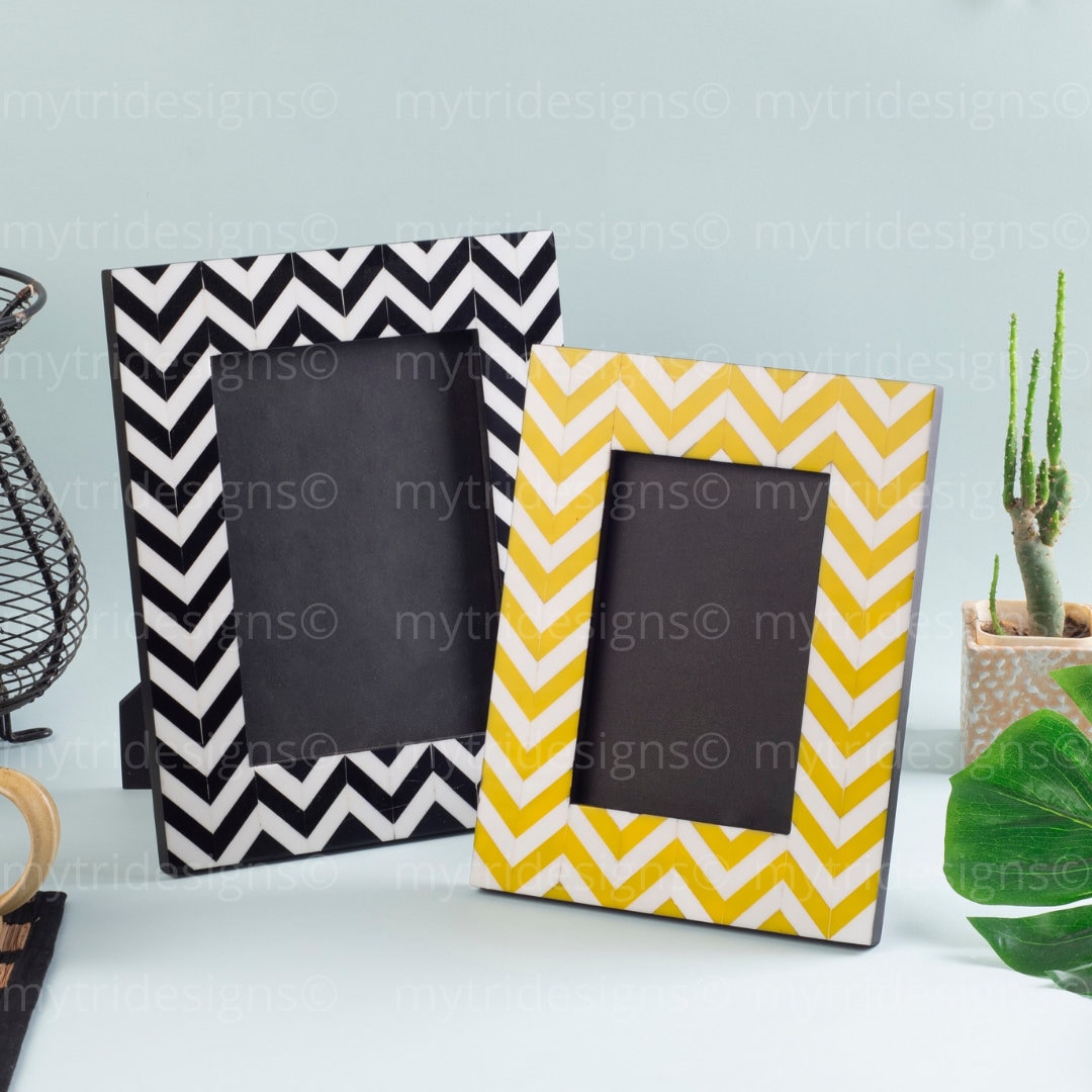 Wooden Photo Frames / Available in 2 Sizes or as a Set / Contrast  Dual-coloured Stripy Photo Frames With Zig-zag Lines / Gift for New Home 