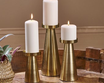 Pillar Golden Iron Candle Holders for Indoor and Outdoor | Recycled Metal with Golden Finish | Available in 3 sizes or as a set