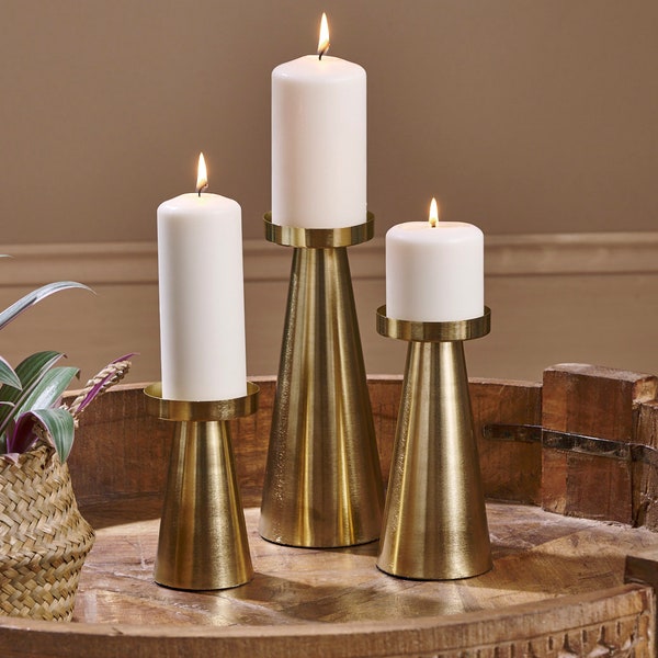 Pillar Golden Iron Candle Holders for Indoor and Outdoor | Recycled Metal with Golden Finish | Available in 3 sizes or as a set