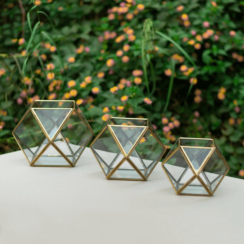 Recycled Metal Contemporary Glass Candle Holders Hexagonal Table Top Greenhouse Candle Holders for Festive and Event Decor image 7