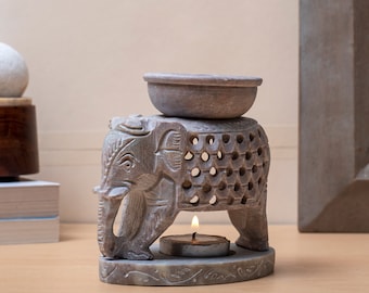 Standing Elephant Oil Burner Handmade from Soapstone / Tealight Holder and Diffuser for Aromatherapy / Wax Melter / Oil Warmer