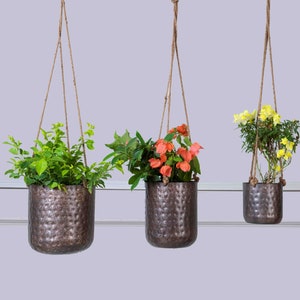 May include: Three hanging planters with textured, bronze-coloured metal pots. Each pot is suspended by a natural rope. The planters contain vibrant greenery and colourful flowers, including orange and yellow blooms. The pots are different sizes.