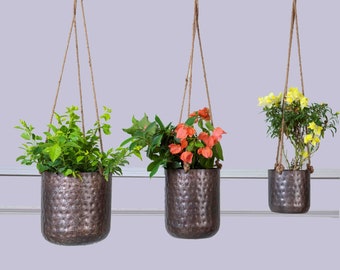 Indoor Planter with Rustic Silver Finish Hammered | Hanging Hammered Plant Pot &quot;Rajat&quot; |  Vintage Style Planter with Aged Finish