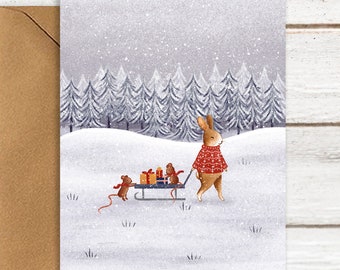 Animals in Snow Illustration A6 Postcard | Holiday Card | Happy New Year | Greeting Card | Winter Woodland | Winter Solstice Card | Snow Art