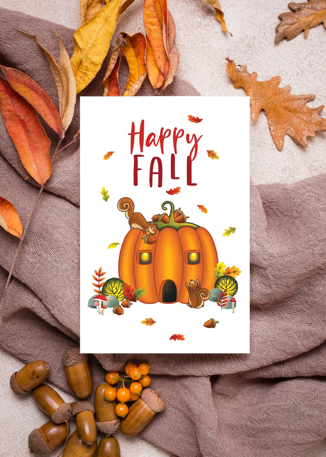 Happy Fall Greeting Card | Pumpkin House Card | Autumn Seasonal Card ...