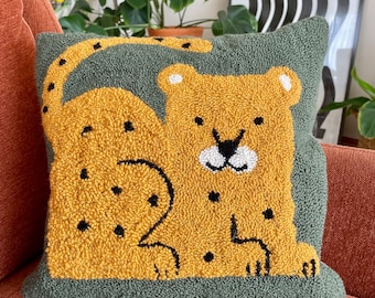 Handmade Punch Needle Pillow Cover, Cute Leopard Cat Pillow Cover, Yellow Decorative Throw Pillow, Handknit Yarn Punch Cushion, Gift for Her