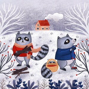 Raccoons in Snowy Forest Art Print | Raccoon Illustration | Cute Illustration | Animal Art Print | Nursery Decor | Nursery Art | Raccoon Art