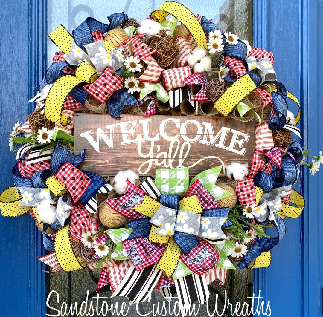 Farmhouse Welcome Wreath, Welcome Y'all Wreath, Country Rustic ...