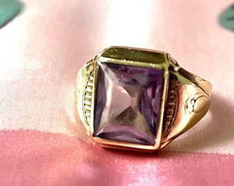 Vintage Mens Amethyst Ring: 14K Yellow Gold Art Deco, Size 9