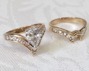 Vintage 14K Yellow Gold Pear Diamond Engagement Ring Set: Mid-Century Wedding Band, Size 5
