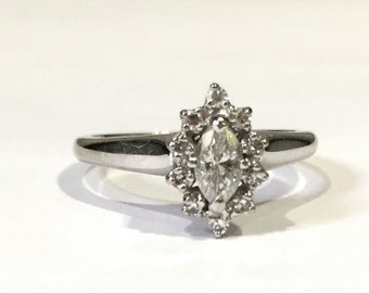 Vintage 18K White Gold Marquise Diamond Halo Ring (Size 3 1/2)