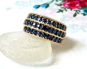 Vintage Blue Sapphire Ring: 10K Yellow Gold Wide Band, Size 7